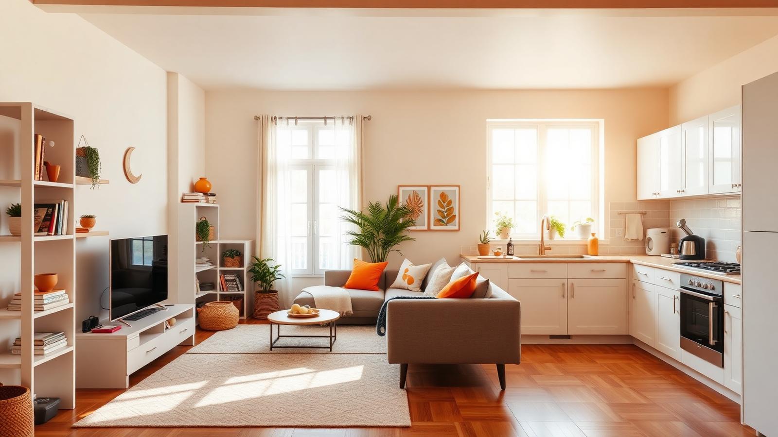 Sala de estar e cozinha organizadas com itens de decoração